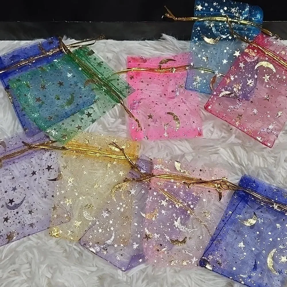 Sheer Organza Gift Bags Drawstring XSmall Metallic Stars Gold pink Colors Cinch